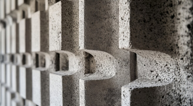 A detailed view focuses on a gray concrete wall with a repeating three dimensional grid pattern, showcasing texture and architectural design