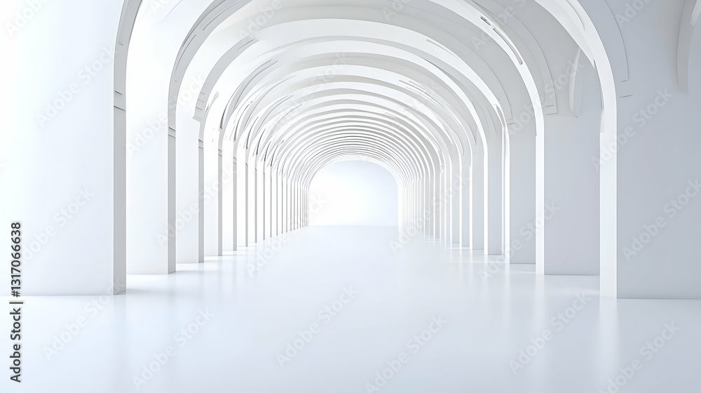 Poster white minimalist hallway with arched ceiling and columns in a symmetrical architectural design optim