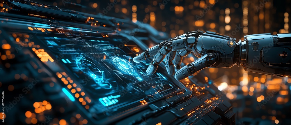 Poster technovision of a robotic hand controlling a holographic interface