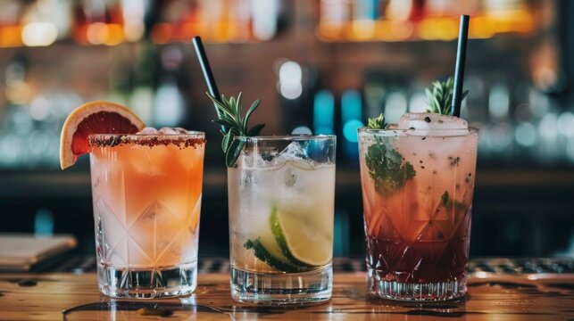 Colorful mixed drinks on a bar with clean lines and festive atmosphere