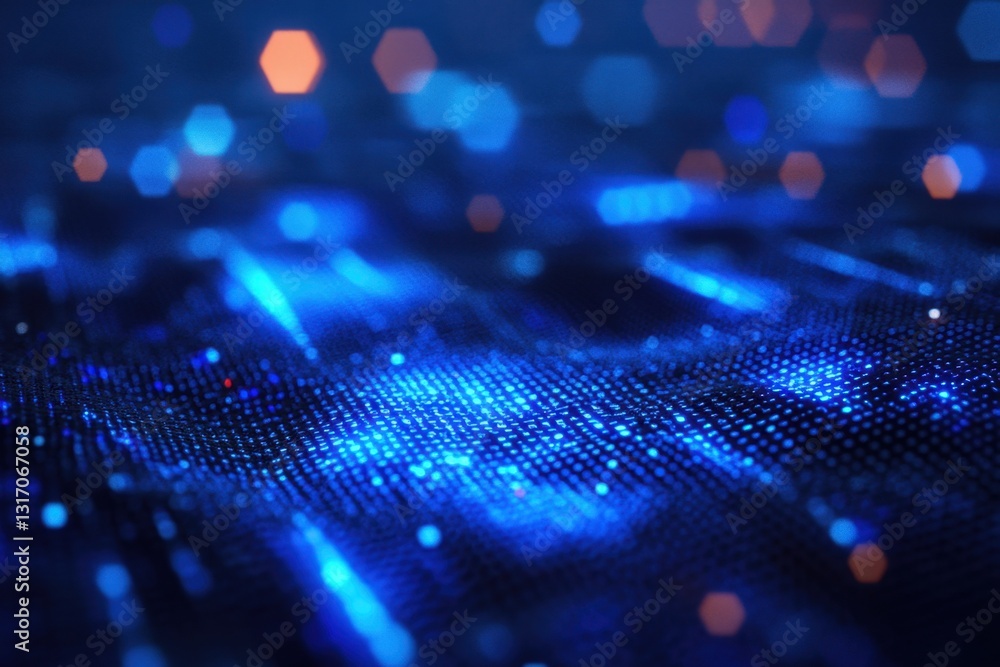 Poster abstract blue technology background with glowing hexagons and data flowing across a digital surface
