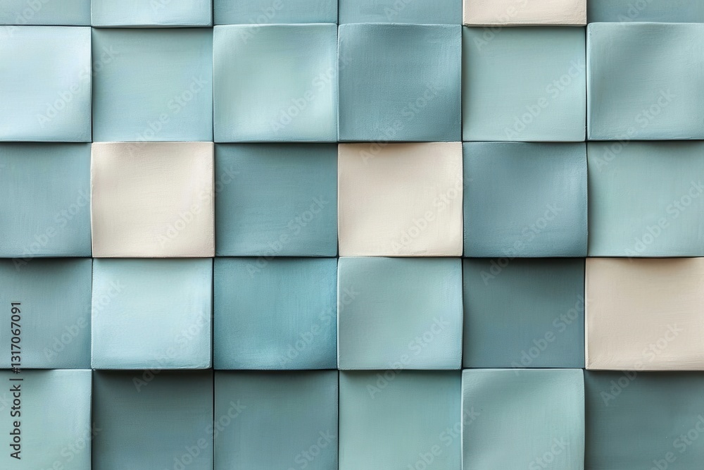 Poster artistic arrangement of blue and white square tiles creating a textured wall surface with a modern a