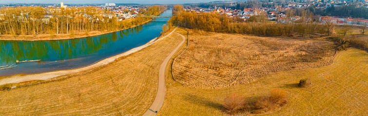 High resolution stitched winter drone panorama captured in flight at Landau an der Isar,...