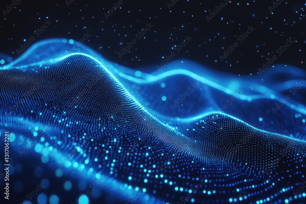 Poster ethereal blue digital landscape with glowing particles creating a futuristic wave pattern in a dark 