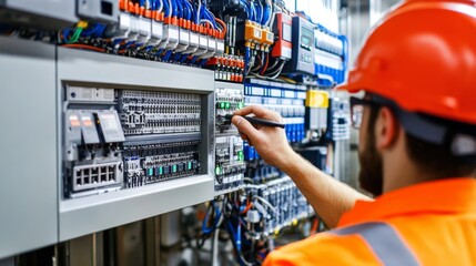 Technician Programming PLC in Control Panel with Safety Gear