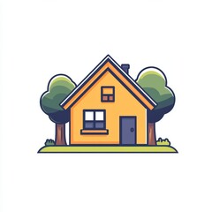 Yellow House Illustration with Green Trees Minimalist Style Vector Graphic