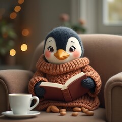 a penguin in a cozy knitted sweater sitting on a couch with a book and a cup of tea smiling warmly