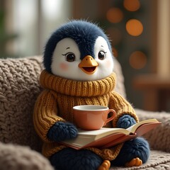 a penguin in a cozy knitted sweater sitting on a couch with a book and a cup of tea smiling warmly