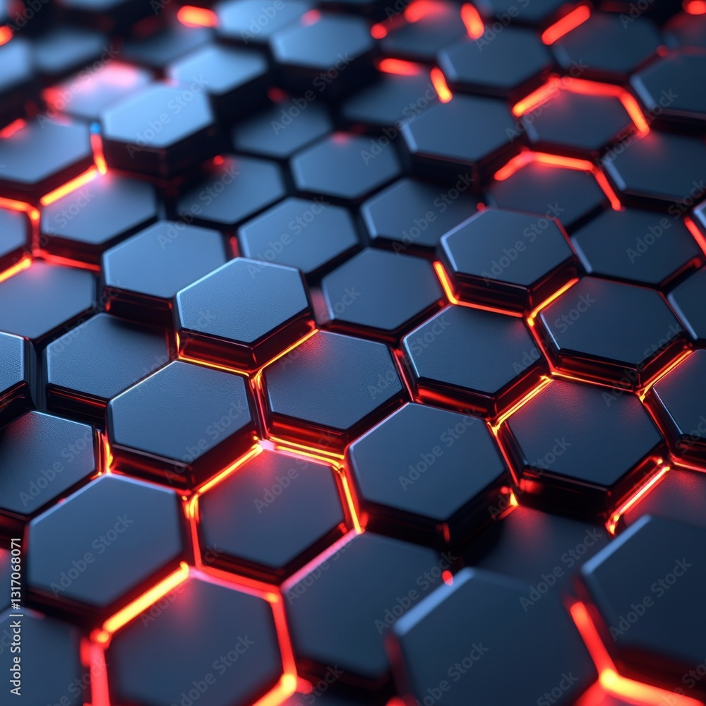Poster abstract geometric background with glowing red hexagons creating a futuristic and modern visual text