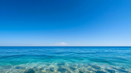 Panoramic View Of Tranquil Turquoise Ocean Under Clear Blue Sky On Sunny Day