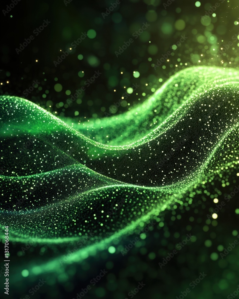 Poster mesmerizing green wave of glowing particles on a dark background creating a futuristic and dynamic v