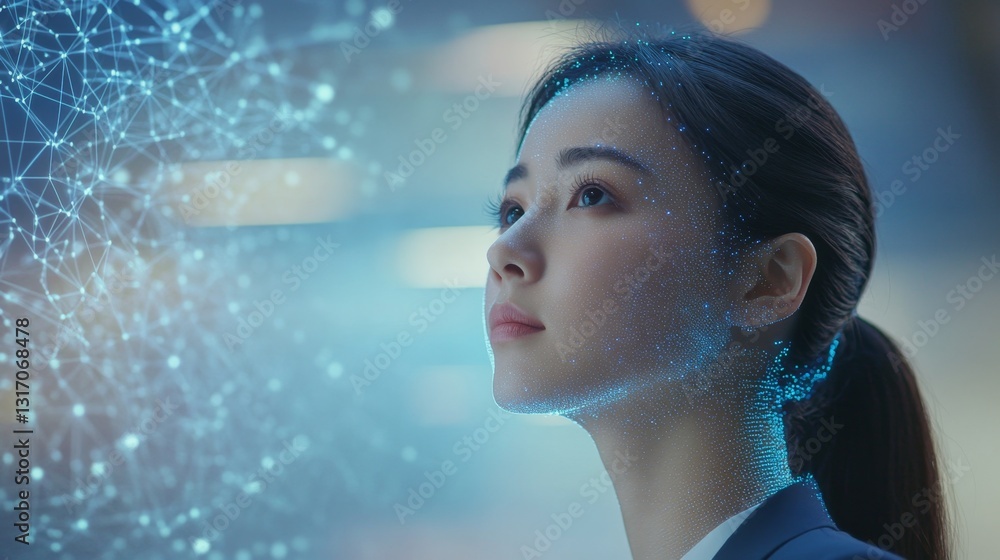 Poster digital oracle chatbot concept with woman and virtual background
