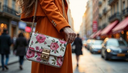 Obraz premium Stylish Floral Shoulder Bag in Urban European Setting