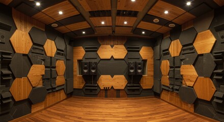 Modern soundproof recording studio with hexagonal acoustic panels and ambient lighting - hexagon pattern