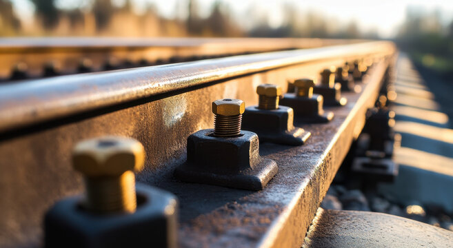 A close-up perspective shows steel railway tracks with golden bolts that are securely fastened to the infrastructure in the daytime