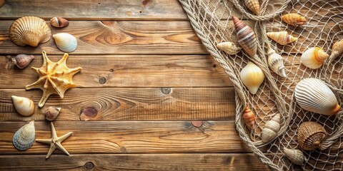 Rustic Wooden Surface Decorated with Seashells and a Fishing Net, Evoking a Coastal Theme