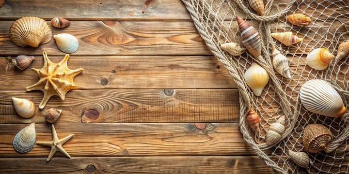 Rustic Wooden Surface Decorated with Seashells and a Fishing Net, Evoking a Coastal Theme