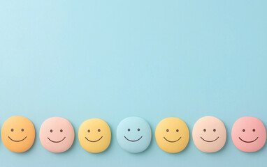 Colorful smiley face balls arranged on a soft pastel blue background, creating a cheerful and minimalistic design.  
