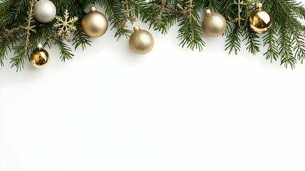 Gold Christmas Ornaments on White Background With Pine Branches