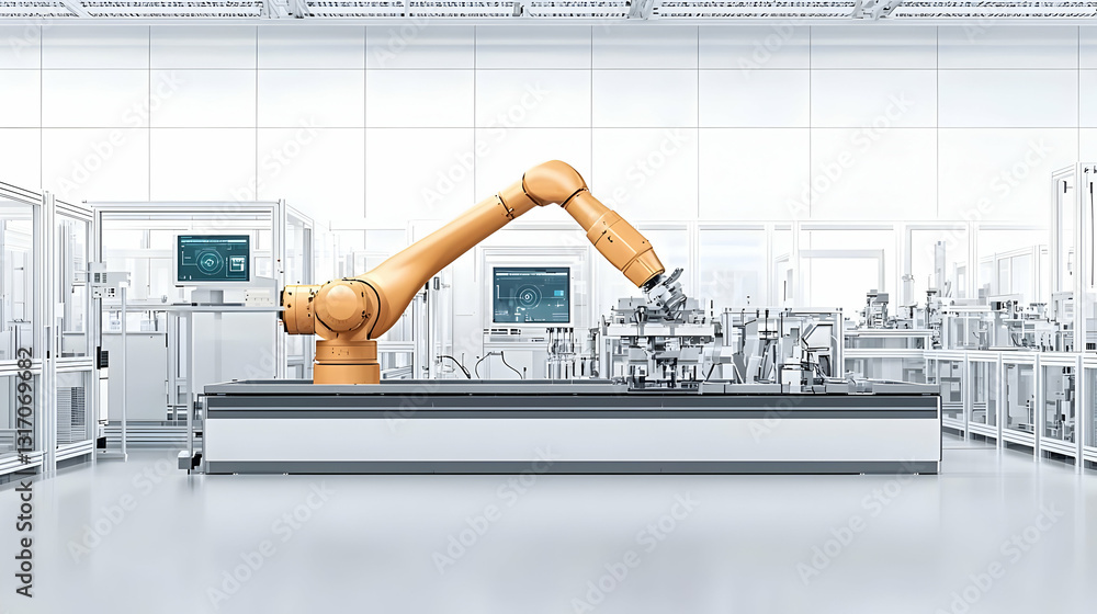 Poster robotic arm in a modern automated factory setting with bright lighting