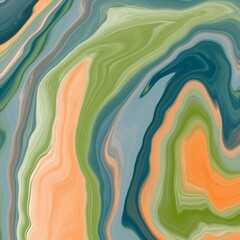Abstract artwork featuring fluid, wavy patterns in pastel tones of green, orange, and blue. The colors blend seamlessly, creating an organic, marble-like texture.