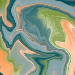 Abstract marble texture featuring swirling patterns of teal, green, orange, and beige. The design is characterized by fluid, wavy lines that create an organic, flowing appearance.