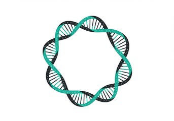 DNA helix ring, circular genetic structure, teal and black double helix, molecular biology illustration, scientific diagram, genetic code representation, stylized DNA