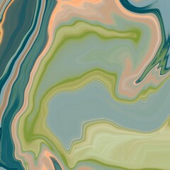 Abstract artwork featuring fluid, wavy patterns in shades of blue, green, and peach. The colors blend seamlessly, creating a marbled effect with smooth transitions and curving lines. 