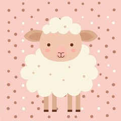 Cute Cartoon Sheep Illustration with Pastel Pink Background and Polka Dots