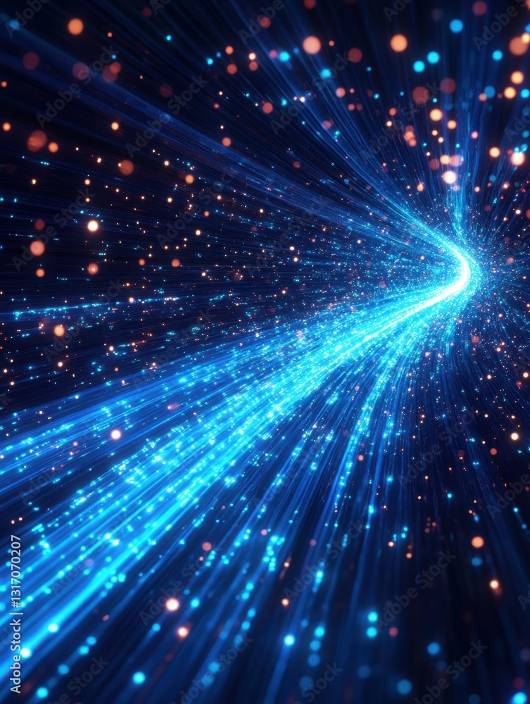 Poster abstract data stream visualization with glowing particles and light trails in a dark digital space