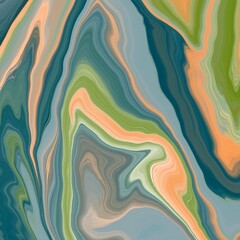 Abstract art featuring fluid swirls and undulating patterns in shades of blue, green, and peach. The colors blend seamlessly, creating a marbled effect reminiscent of natural stone or liquid movement.