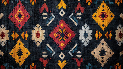 Detailed Textile Design. Detailed textile pattern featuring traditional motifs in vibrant red, yellow and white against a dark textured background, creating a visually rich tapestry.