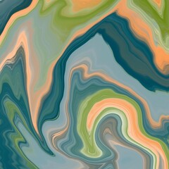 งานศิลปะที่ไม่มีชื่อAn abstract art piece featuring fluid, swirling patterns in muted shades of green, blue, and peach. The colors blend smoothly, creating a marbled effect with soft curves and layers