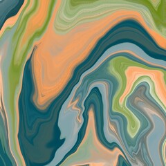 Abstract artwork featuring swirling patterns of green, blue, and peach hues. The design uses flowing brushstrokes to create a marbled effect, blending colors seamlessly. 