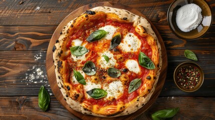 Freshly Baked Neapolitan Pizza with Basil Leaves, Mozzarella, and Tomato Sauce on Rustic Wooden Table