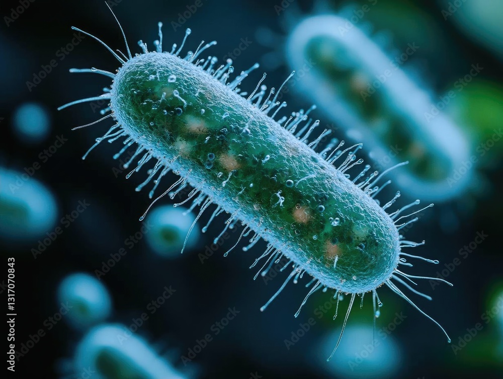 Poster close-up view of a bacterium in a scientific setting, showcasing its structure and movement
