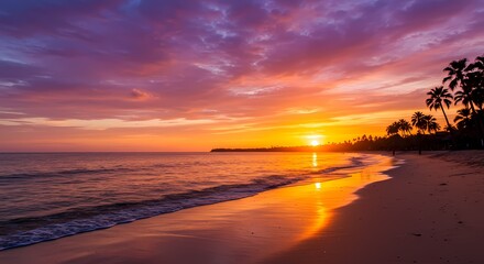 Obraz premium Stunning Golden Hour Sunset Over Serene Beach – Vibrant Sky, Silhouetted Palm Trees, and Calm Waves for Travel, Nature, or Summer-Themed Projects