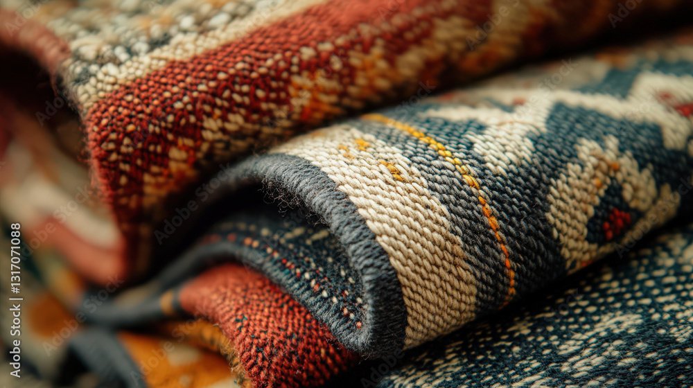 Poster patterned textile texture. detailed view of folded patterned textiles in warm and cool colors, showc