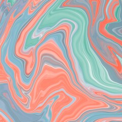 Abstract swirl pattern featuring coral, teal, and gray hues. The design displays fluid, flowing shapes that merge seamlessly, reminiscent of marbled textures