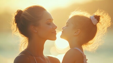 Fototapeta premium Mother and Daughter Embrace in Warm Sun-Drenched Beach Setting