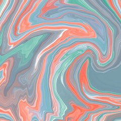 Abstract swirl pattern featuring fluid, wavy lines in shades of soft peach, muted green, light blue, and white. The design exhibits a marbled effect, creating a sense of movement and flow. 