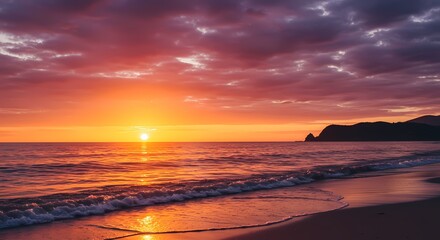 Fototapeta premium Stunning Golden Hour Sunset Over Serene Beach – Vibrant Sky, Silhouetted Palm Trees, and Calm Waves for Travel, Nature, or Summer-Themed Projects