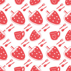 Naklejka premium Strawberry pattern background with heart shape cup, fork, spoon, lines. flat style.