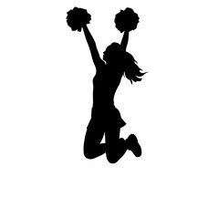 Silhouette of a cheerleader jumping joyfully with pom-poms without a background