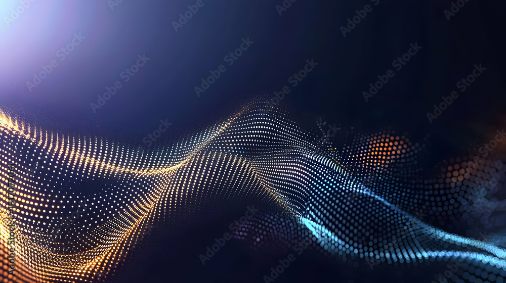 Poster abstract digital wave of glowing particles in blue and gold against a dark background with dynamic f
