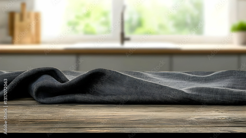 Poster dark tablecloth on wooden table in a bright kitchen with greenery blurred background creating an inv