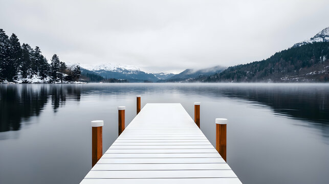 Snowy Pier Extending Over a Foggy Lake in Winter Mountains