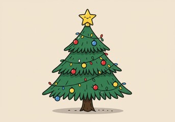 Festive vector cartoon decorated Christmas tree with gifts. Christmas tree decorated with yellow garland