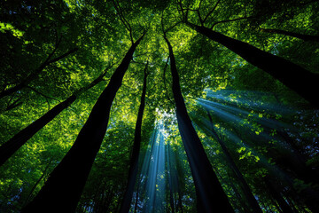 A serene forest view with tall trees reaching towards the sky, illuminated by sunlight filtering through vibrant green leaves.