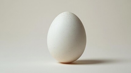 Fototapeta premium A pristine white egg standing upright on a minimalist surface, highlighting its smooth texture and simplicity